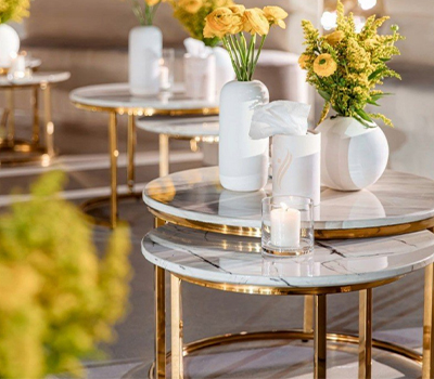 Coffee Table Nesting White Set of 2 Side Set Golden Frame Circular Round and  pattern Wooden Tables